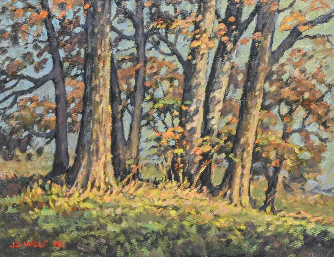 J. Scott Wolf (1955–2024) Pennsylvania Painting: Autumn Woods c1990s: J. Scott Wolf (1955–2024) Pennsylvania Painting: Autumn Woods c1990s. Signed. Excellent condition. Born and raised in Lancaster County's Amish country, J. Scott Wolf was a professional painter from
