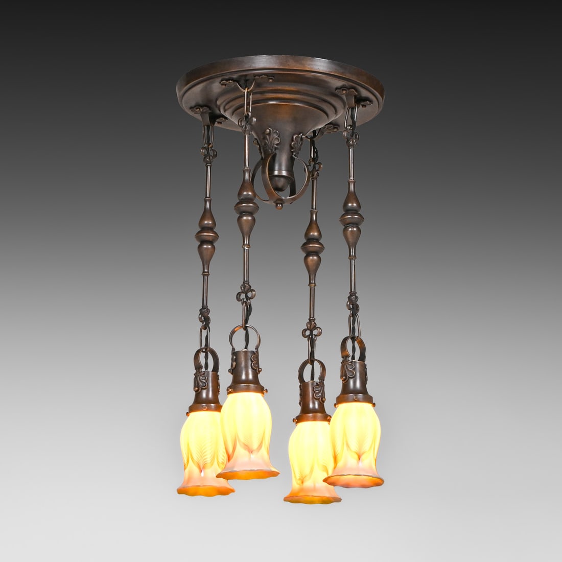 Quezal Art Glass Chandelier c1900s: Quezal Art Glass Chandelier c1900s. Shades signed "Quezal" and are in perfect condition. Excellent new patina. 29.5"h overall x 15.25"d FREE NATIONWIDE SHIPPING Free Nationwide Shipping within the low