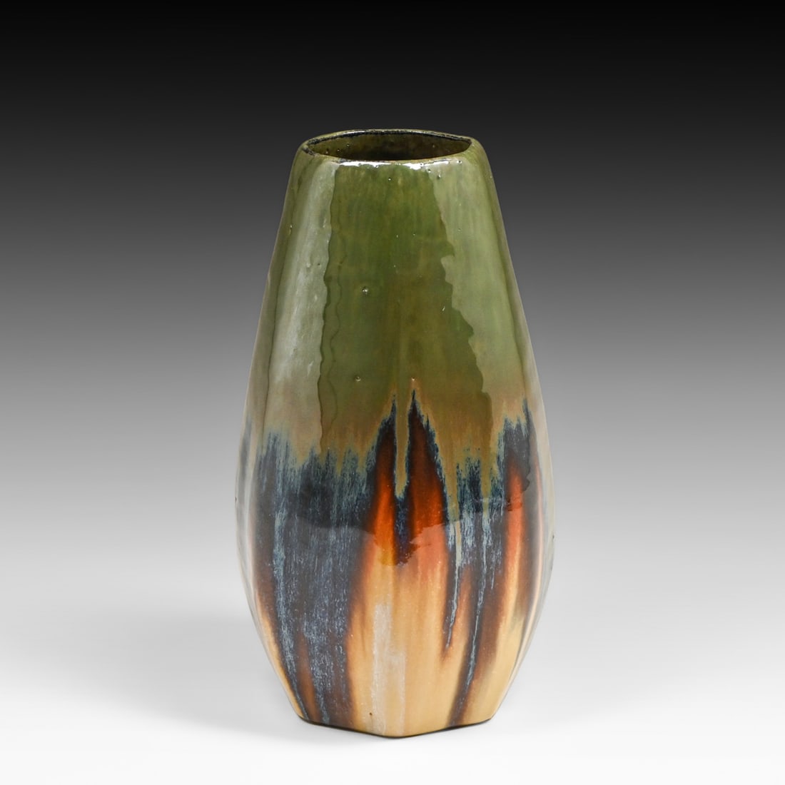 Fulper Pottery Multi-Colored Flambe Seven-Sided Vase c1910s: Fulper Pottery Multi-Colored Flambe Seven-Sided Vase c1910s. Signed. Perfect condition. 10"h x 5.5"d FREE NATIONWIDE SHIPPINGFree Nationwide Shipping within the lower 48 states for all purchases