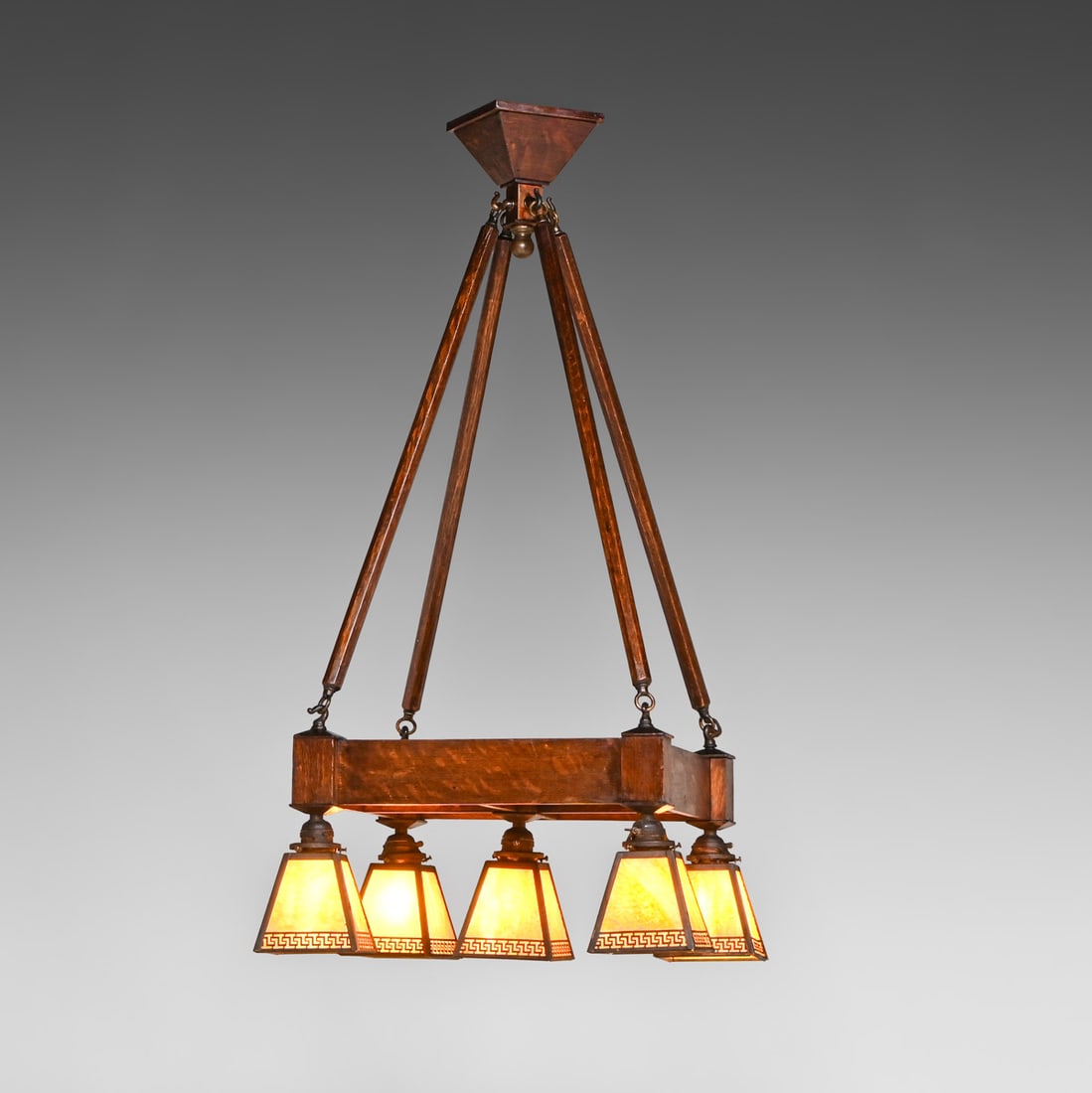 Arts & Crafts Period Oak & Slag Glass Chandelier c1910: Arts & Crafts Period Oak & Slag Glass Chandelier c1910. Unsigned. Color added to original finish. Original slag glass shades in perfect condition. 39.5"h overall x 19.5" x 19.5" FREE NATIONWIDE