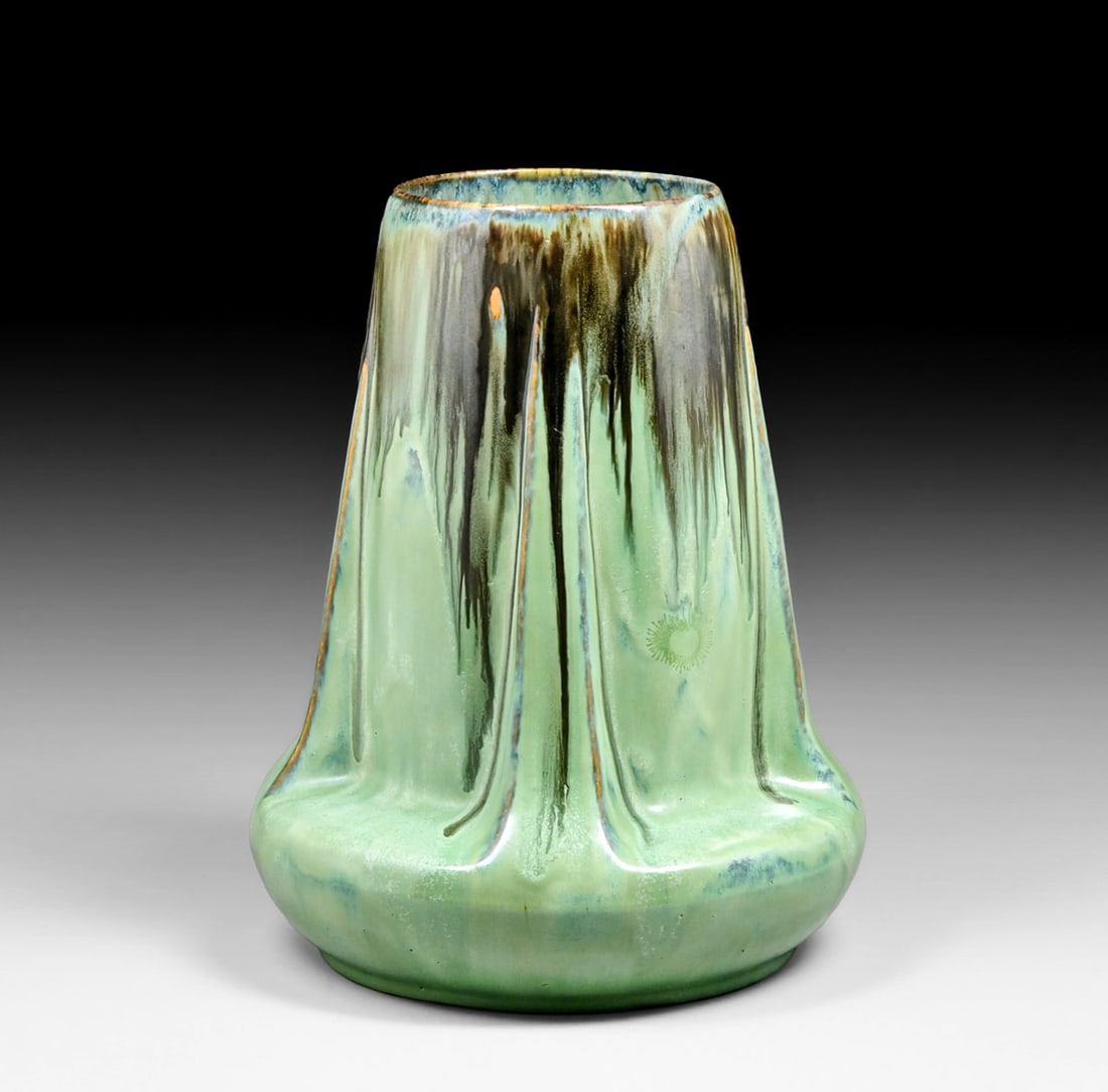 Large Fulper Pottery Mirror Black Drip & Chinese Green Flambe Buttress Vase c1910: Large Fulper Pottery Mirror Black Drip & Chinese Green Flambe Buttress Vase c1910. This is the largest sized Fulper Buttress Vase. Signed. Invisible professional restoration to small rim chip,