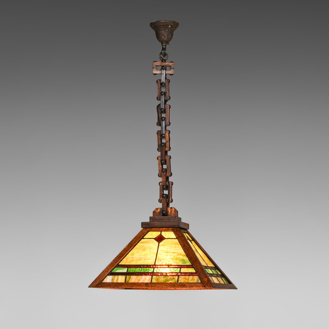 W.B. Brown Oak & Leaded Glass Hanging Light c1910: W.B. Brown Oak & Leaded Glass Hanging Light c1910. Unsigned. Refinished. Original leaded glass in near perfect condition. 41"h overall x 18.5" x 18.5" FREE NATIONWIDE SHIPPINGFree Nationwide