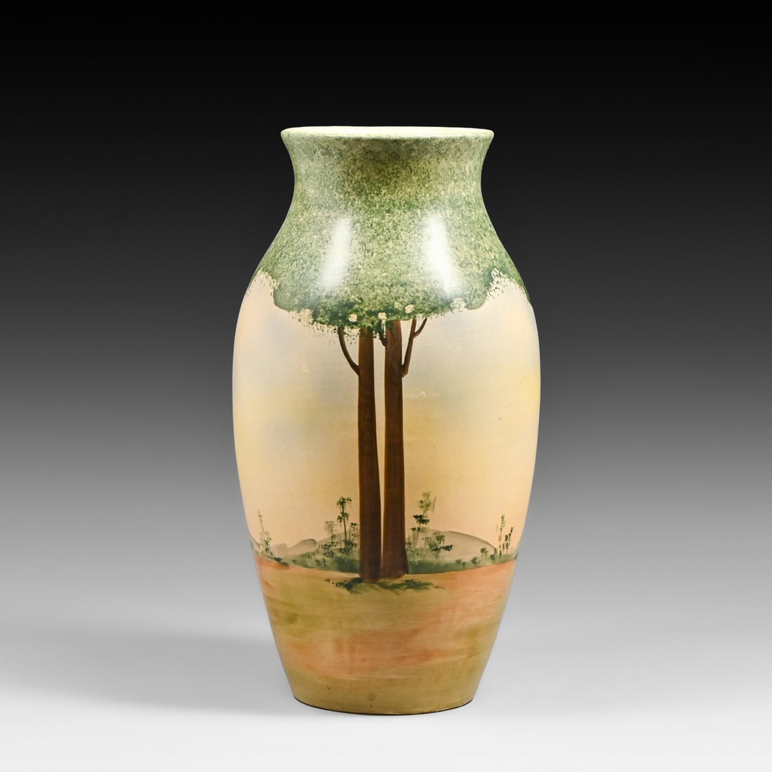 Large Roseville Pauleo Hand-Painted Scenic Vase c1914: Large Roseville Pauleo Hand-Painted Scenic Vase c1914. Unsigned. Invisible professional restoration to rim chip, otherwise perfect condition. 16.5"h x 8.5"d FREE NATIONWIDE SHIPPING Free Nationwide Sh