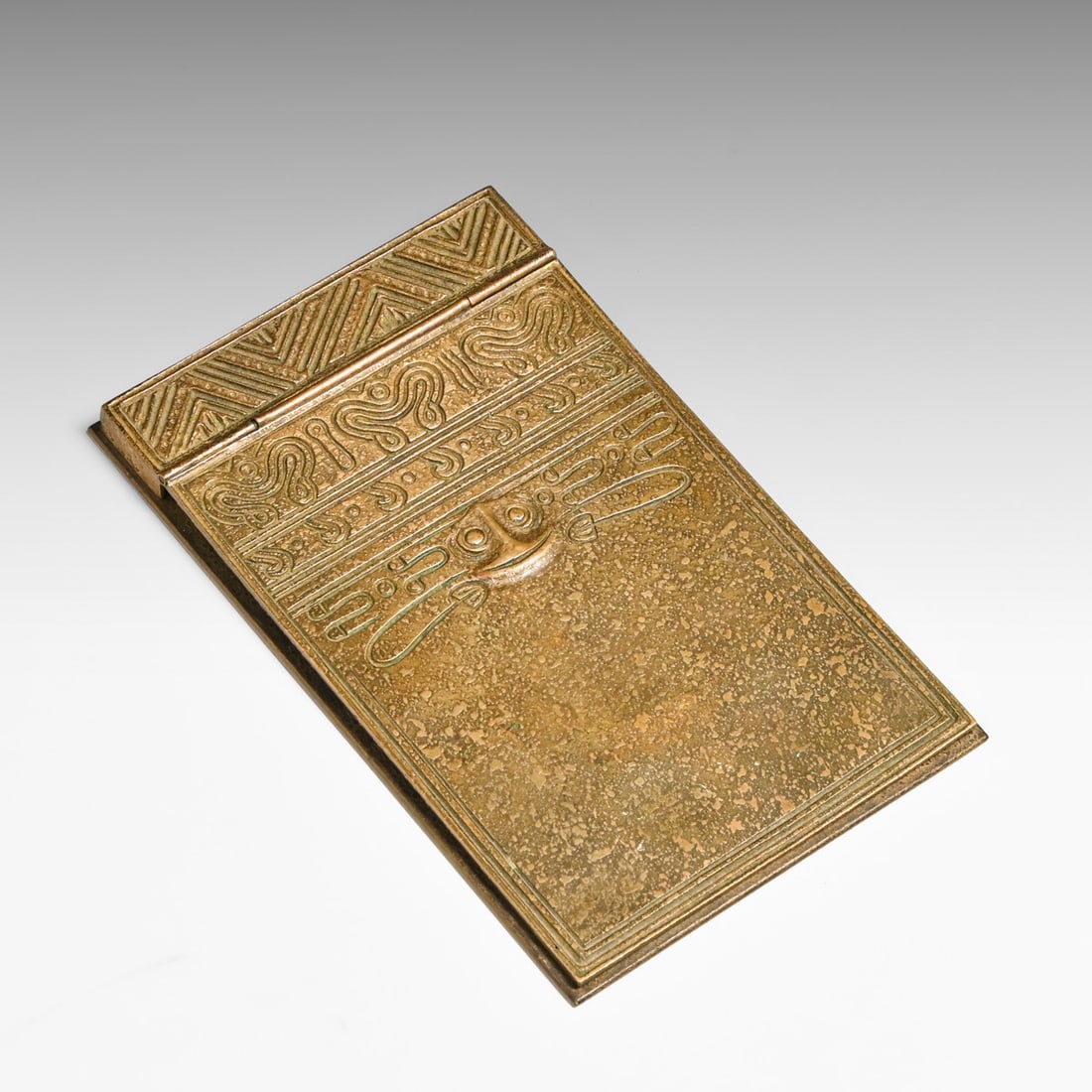 Tiffany Studios New York "American Indian" Pattern Gilt Bronze Notepad Holder c1910: Tiffany Studios New York "American Indian" Pattern Gilt Bronze Notepad Holder c1910. Signed. Excellent original patina. 7.5" x 5.5" FREE NATIONWIDE SHIPPINGFree Nationwide Shipping within the lower