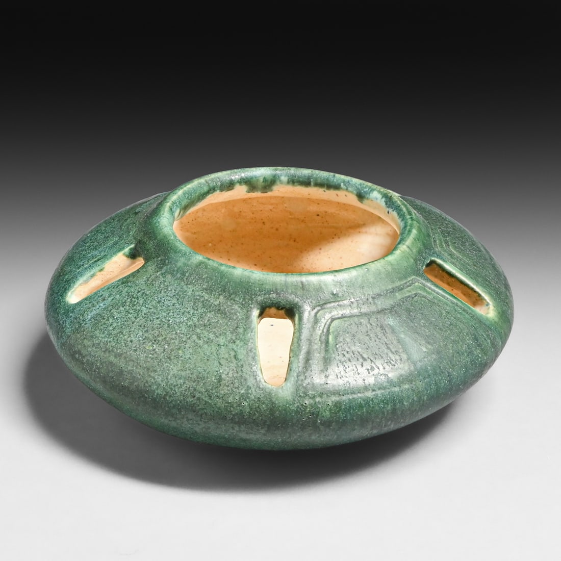 Arts & Crafts Period Matte Green Cutout Studio Bowl c1910: Arts & Crafts Period Matte Green Cutout Studio Bowl c1910. Signed "DB". Signature similar to Adelaide Robineau. Firing line in center of interior, otherwise perfect condition. 6.75"d x 3.5"h FREE