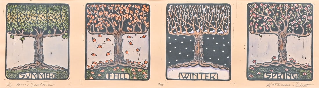 Kathleen West Four Color Woodcuts "The Four Seasons" c2000s: Kathleen West Four Color Woodcuts "The Four Seasons" c2000s. Signed. Excellent condition. Each woodcut 13"h x 12"w. Frame 18.5"h x 46"w Kathleen West is a prominent American printmaker with over 50
