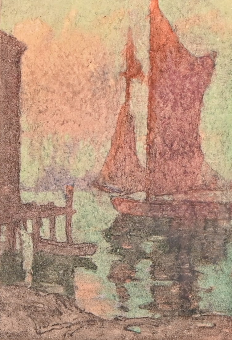 Benjamin Chambers Brown (1865–1942) Color Etching & Aquatint “Outward Bound?? c1915: Benjamin Chambers Brown (1865–1942) Color Etching & Aquatint “Outward Bound” c1915. Signed. Excellent condition. 7.25"h x 5.25"w. Frame 16.5"h x 13.5"w. Benjamin Chambers Brown was a