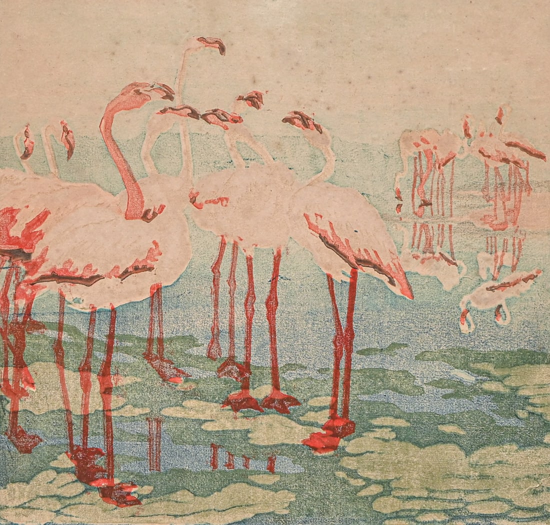 Helene Tüpke-Grande (German 1871–1946) Color Woodcut "Flamingos" c1920s: Helene Tupke-Grande (German 1871–1946) Color Woodcut "Flamingos" c1920s. Signed. Some foxing towards the upper half, otherwise excellent condition. 16.25"h x 17"w. Frame 21.5" x 21.5" A stunning