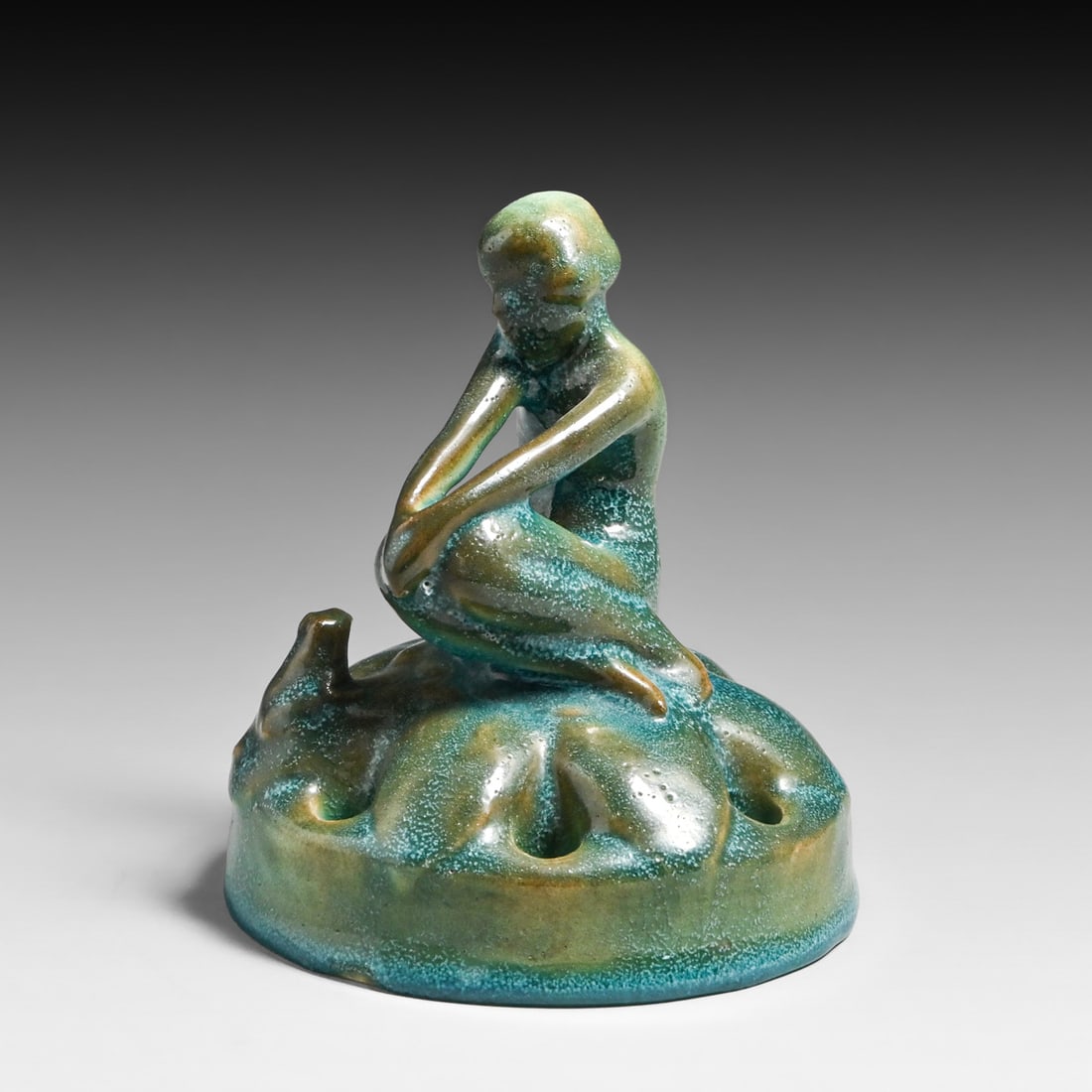 Rookwood Pottery #2527 "Nude on Lily Pad" Flower Frog 1921: Rookwood Pottery #2527 "Nude on Lily Pad" Flower Frog 1921. Signed. Firing separation under base, otherwise perfect condition. 5.5"h x 4.75"d FREE NATIONWIDE SHIPPING Free Nationwide Shipping within t