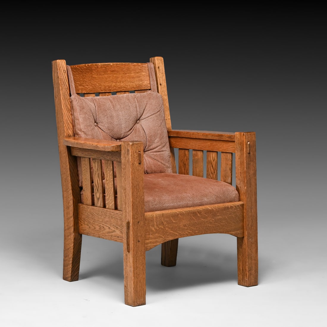 Harden Oak Slatted Armchair c1910: Harden Oak Slatted Armchair c1910. Unsigned. Very nicely refinished. Rock sollid sturdy. This lot is just the armchair. Harden Rocker sold seperately in Lot 610. 37"h x 29"w x 22.5"d FREE