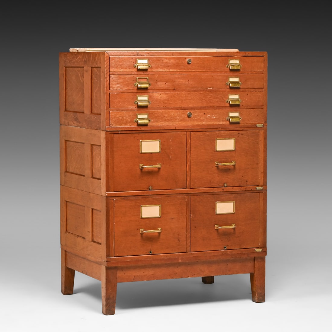 Antique Oak Stacking Sectional Filing Cabinet c1910: Antique Oak Stacking Sectional Filing Cabinet c1910. Unsigned. Missing top crown piece. Some stains on top. Original finish. All pieces stack nicely and all of the drawers work perfectly. 48.5"h