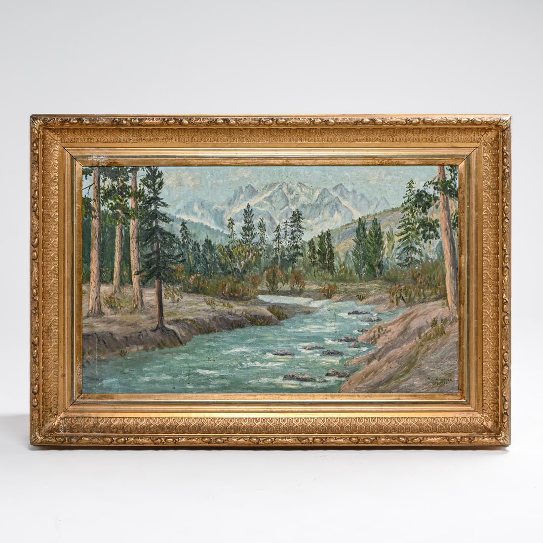 M.J. Turnbull Impressionist Mountain Landscape – Oil on Canvas 1933: M.J. Turnbull Impressionist Mountain Landscape – Oil on Canvas 1933. Signed. Some light scuffs to frame. Painting in excellent condition. 22"h x 36"w. Frame 30.5"h x 45.25"w FREE NATIONWIDE SHIPPING