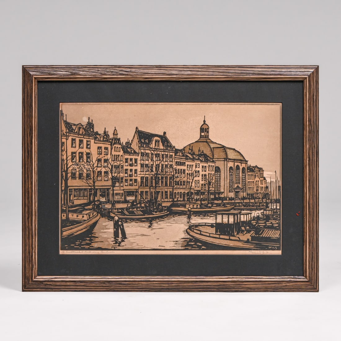 Henri Wils (Belgian-Dutch 1892-1967) Color Woodcut "De Zuidblaak te Rotterdam" c1930: Henri Wils (Belgian-Dutch 1892-1967) Color Woodcut "De Zuidblaak te Rotterdam" c1930. Signed. Excellent condition. 12"h x 17.75"w. Frame 17.25"h x 23.75"w This scene captures a serene, historic