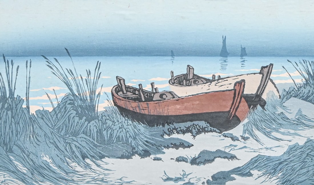 Oscar Droege (German 1898-1983) Color Woodcut "Foggy Shore" c1920s: Oscar Droege (German 1898-1983) Color Woodcut "Foggy Shore" c1920s. Signed. Excellent condition. 9.75"h x 16"w. Frame 17"h x 23.5"w FREE NATIONWIDE SHIPPINGFree Nationwide Shipping within the