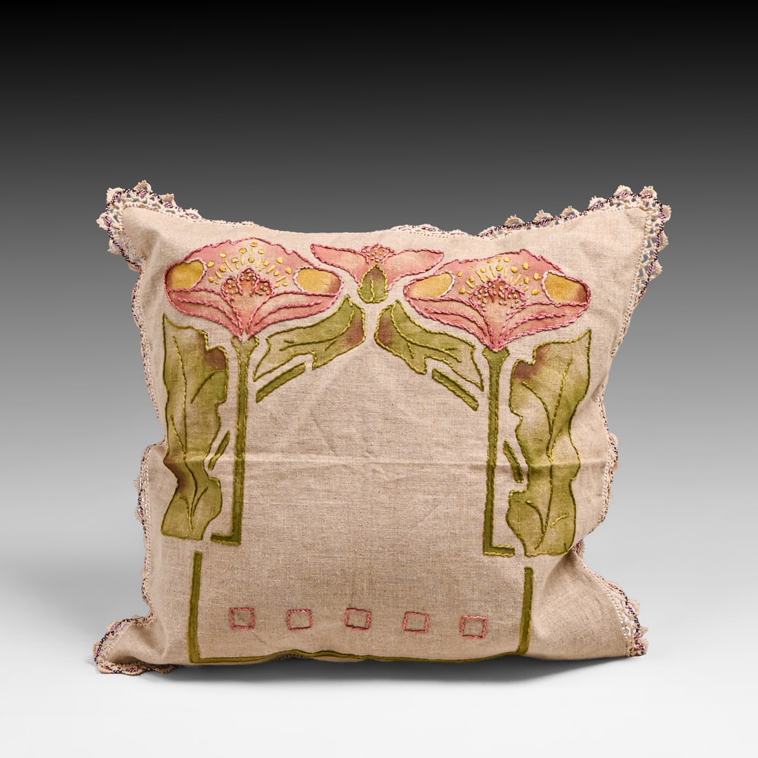Arts & Crafts Period Hand-Embroidered Pillow c1910: Arts & Crafts Period Hand-Embroidered Pillow c1910. Unsigned. Excellent condition. 19" x 19" FREE NATIONWIDE SHIPPINGFree Nationwide Shipping within the lower 48 states for all purchases at our