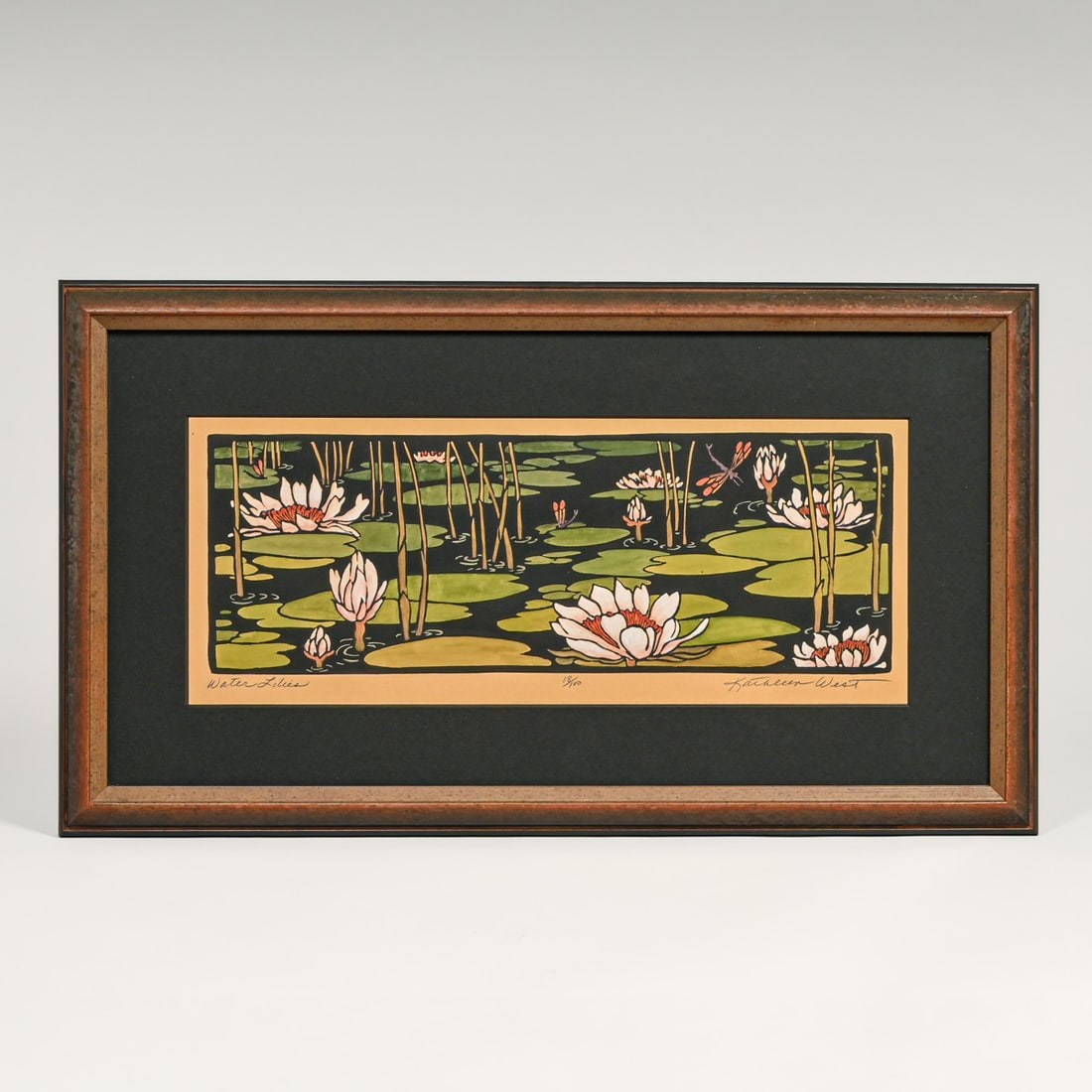 Kathleen West Color Woodcut "Water Lillies" c1990s: Kathleen West Color Woodcut "Water Lillies" c1990s. Signed. Excellent condition. 10"h x 19.5"w. Frame 12.25"h x 21.75"w FREE NATIONWIDE SHIPPINGFree Nationwide Shipping within the lower 48 states