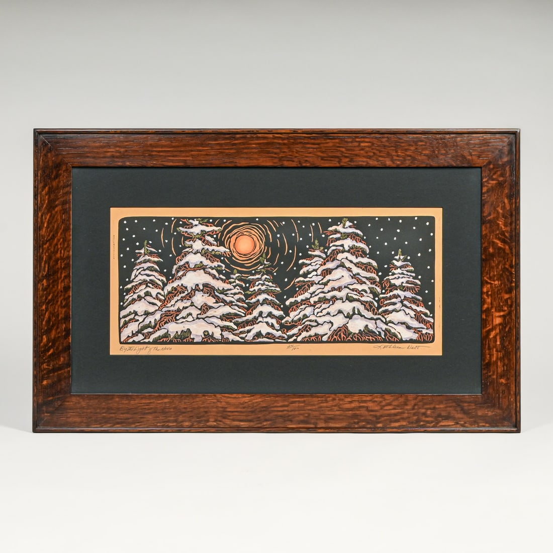 Kathleen West Color Woodcut "By the Light of the Moon" c1990s: Kathleen West Color Woodcut "By the Light of the Moon" c1990s. Signed. Excellent condition. 12"h x 21.5"w. Frame 16"h x 25.5"w FREE NATIONWIDE SHIPPINGFree Nationwide Shipping within the lower 48