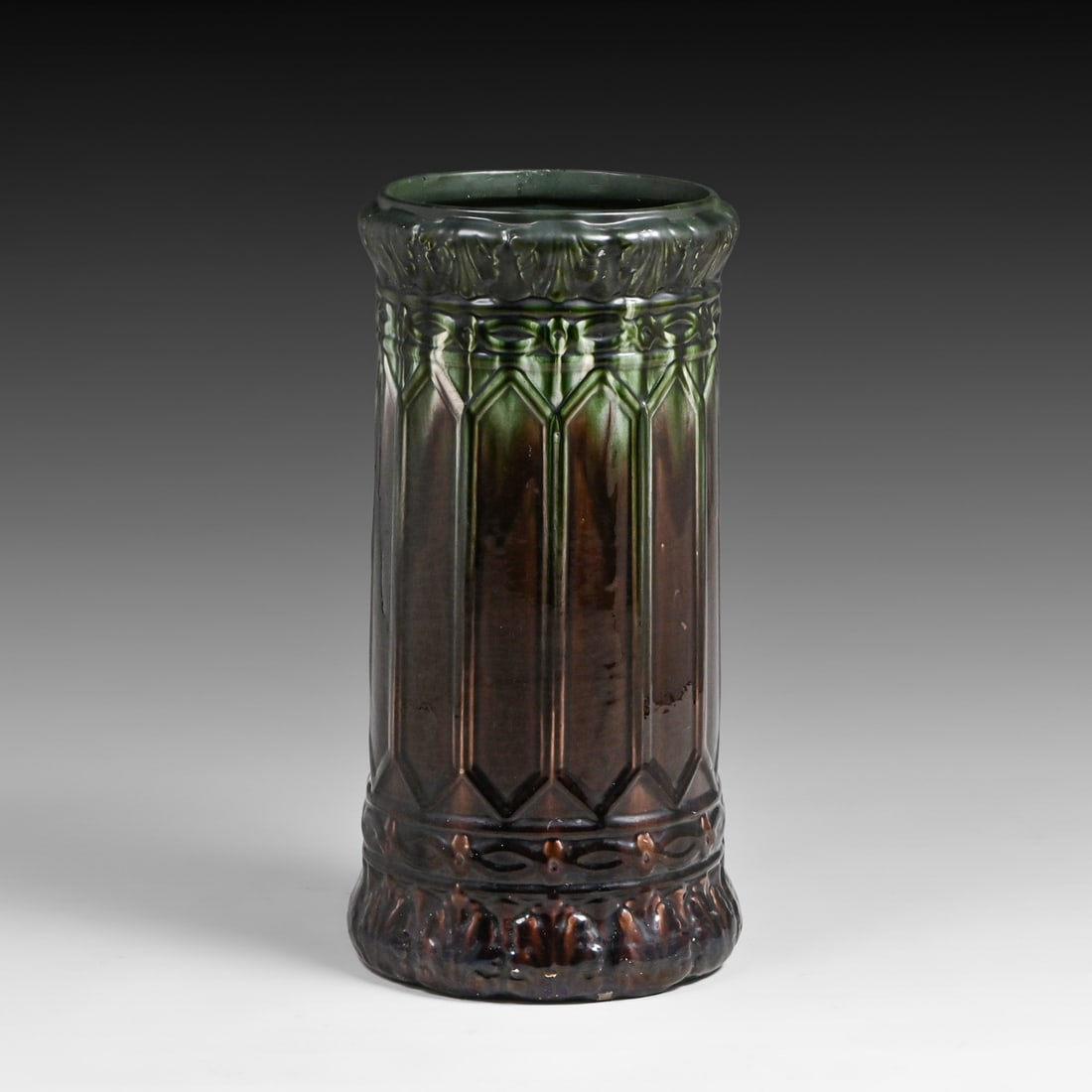 Brush-McCoy Art Nouveau Majolica Umbrella Stand c1910s: Brush-McCoy Art Nouveau Majolica Umbrella Stand c1910s. Unsigned. Old rim repair. 22.75"h x 11.75"d FREE NATIONWIDE SHIPPINGFree Nationwide Shipping within the lower 48 states for all purchases