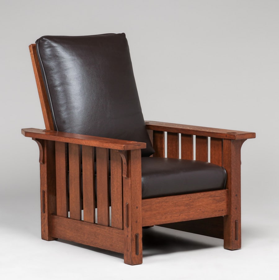 Classic Gustav Stickley #332 Slatted Morris Chair c1910: Classic Gustav Stickley #332 Slatted Morris Chair c1910. Signed. Excellent original finish. 41"h x 31.5"w x 38.25"d FREE NATIONWIDE SHIPPINGFree Nationwide Shipping within the lower 48 states for