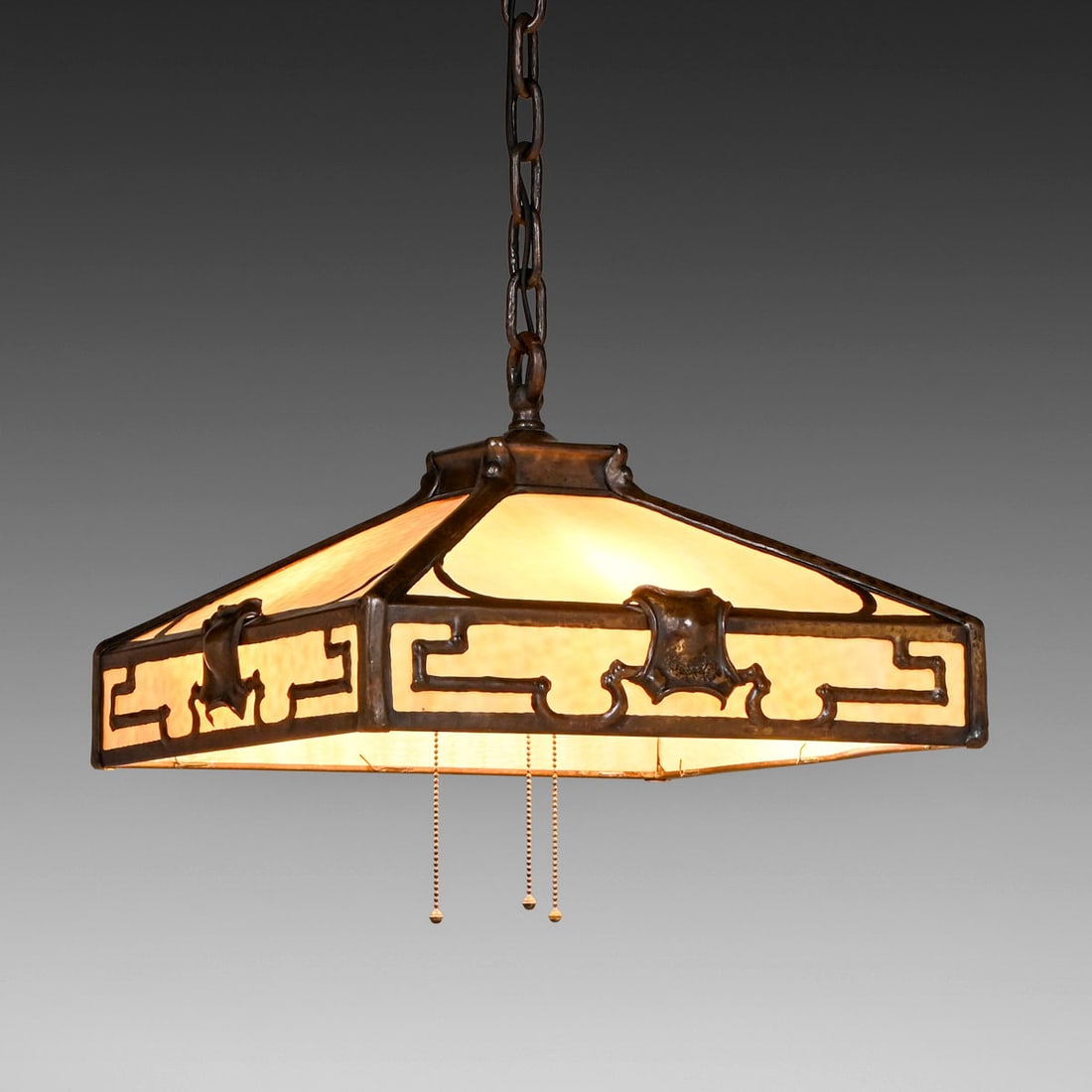 Prairie School Arts & Crafts Hammered Copper & Slag Glass Hanging Chandelier c1910: Prairie School Arts & Crafts Hammered Copper & Slag Glass Hanging Chandelier c1910. Unsigned. Excellent original patina. Original slag glass in perfect condition. 38"h overall x 18.25" x 18.25" 