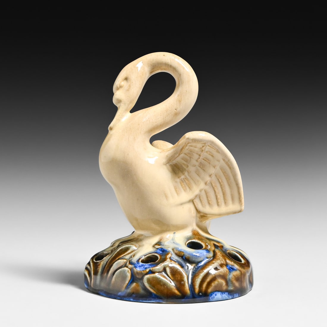 Fulper Pottery Swan Figural Flower Frog c1920: Fulper Pottery Swan Figural Flower Frog c1920. Signed. Perfect condition. 6"h x 4"d FREE NATIONWIDE SHIPPINGFree Nationwide Shipping within the lower 48 states for all purchases at our Two-Day