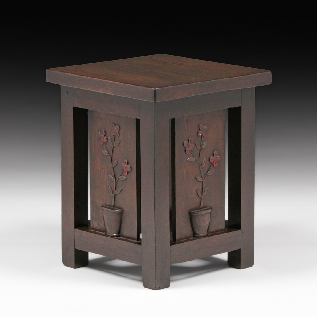 Grand Rapids Heavy Square Oak Taboret c1910: Grand Rapids Heavy Square Oak Taboret c1910. Hand-carved oak floral motif on slats. Color added to original finish. Unsigned. 18.25"h x 14.5" x 14.75" FREE NATIONWIDE SHIPPINGFree Nationwide