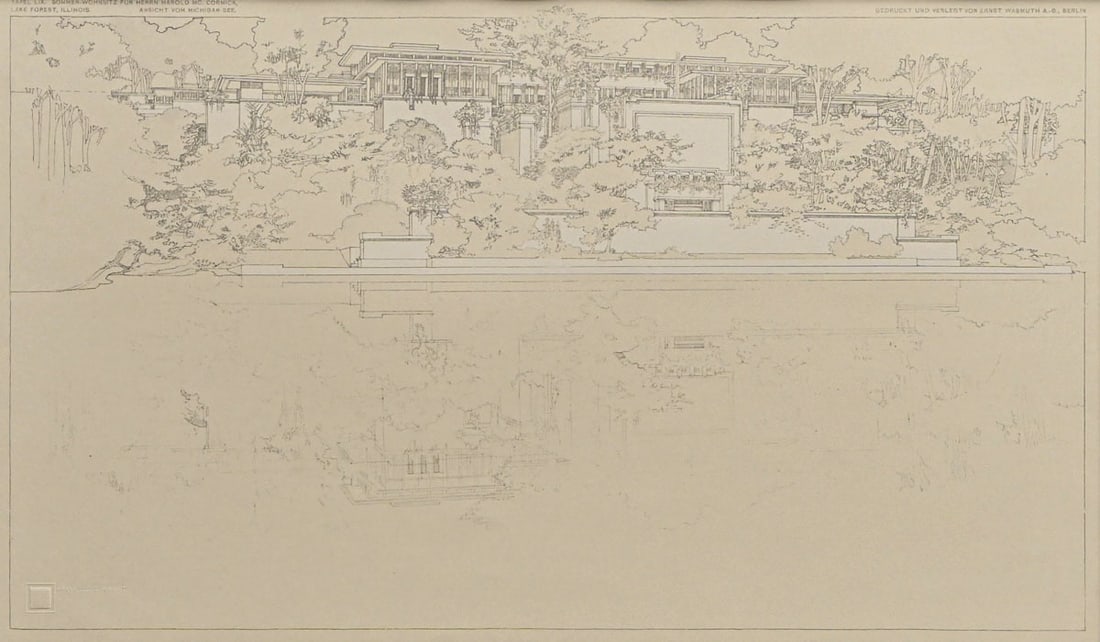 Frank Lloyd Wright Wasmuth Portfolio Litho Summer Residence for Harold McCormick, View from Lake (1 of 6)