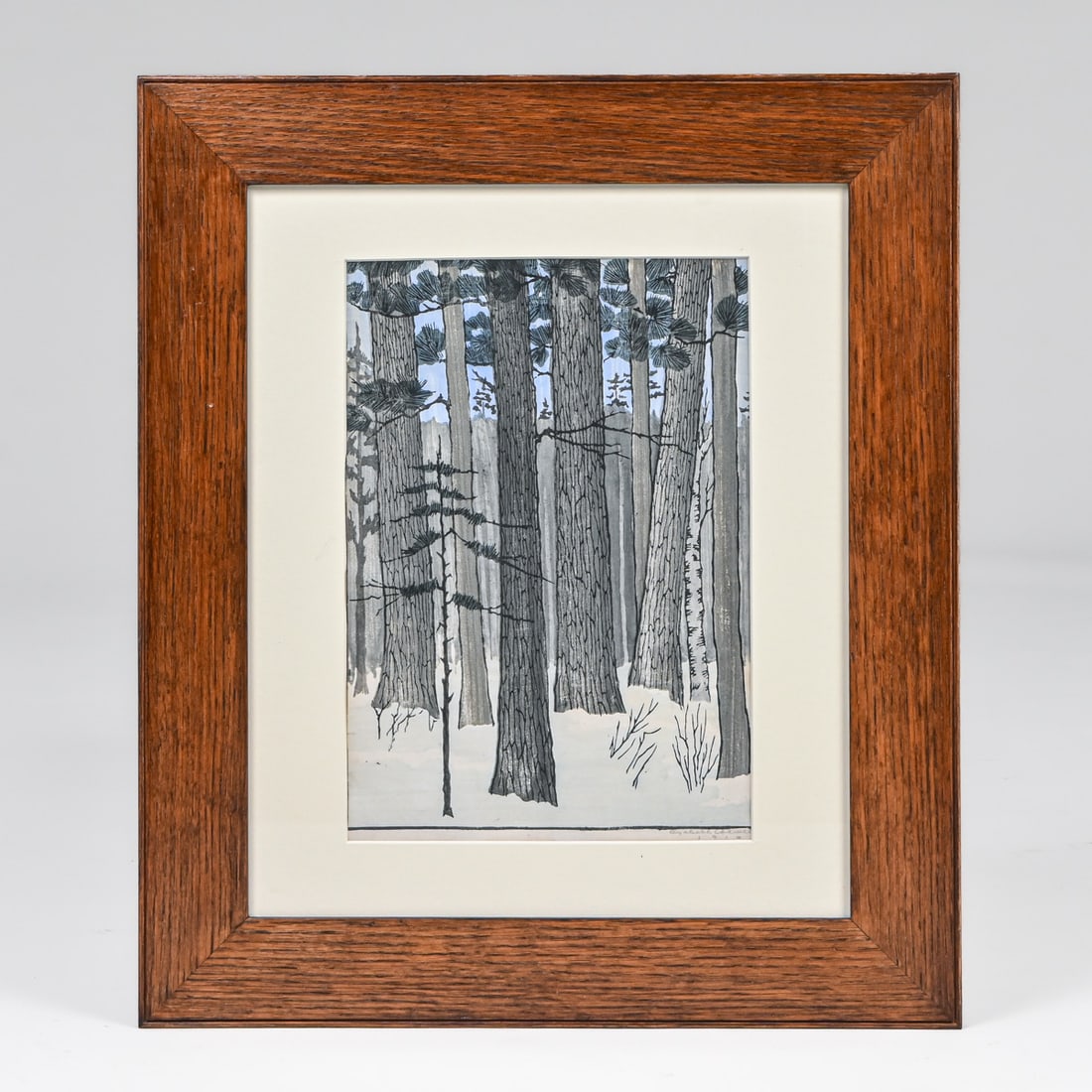 Elizabeth Colwell (1881-1954) Color Woodcut "Pines in Winter" 1910: Elizabeth Colwell (1881-1954) Color Woodcut "Pines in Winter" 1910. Signed. Excellent condition. 12 7/8 x 9 1/8". Frame 21.5"h x 18.5"w. Trimmed to the image on 3 sides--which is usual for her and her