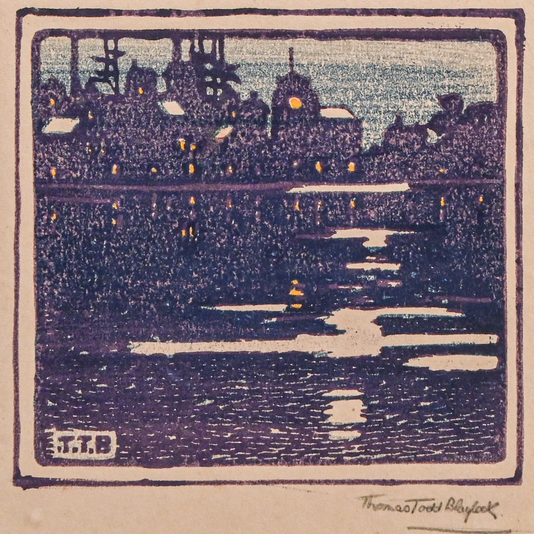 Thomas Todd Blaylock (1876-1929) Color Woodcut "The River by Night" c1920s: Thomas Todd Blaylock (1876-1929) Color Woodcut "The River by Night" c1920s. Signed. Excellent condition. 5 5/8"h x 5.75"w. Frame 10.5" x 10.5" FREE NATIONWIDE SHIPPINGFree Nationwide Shipping