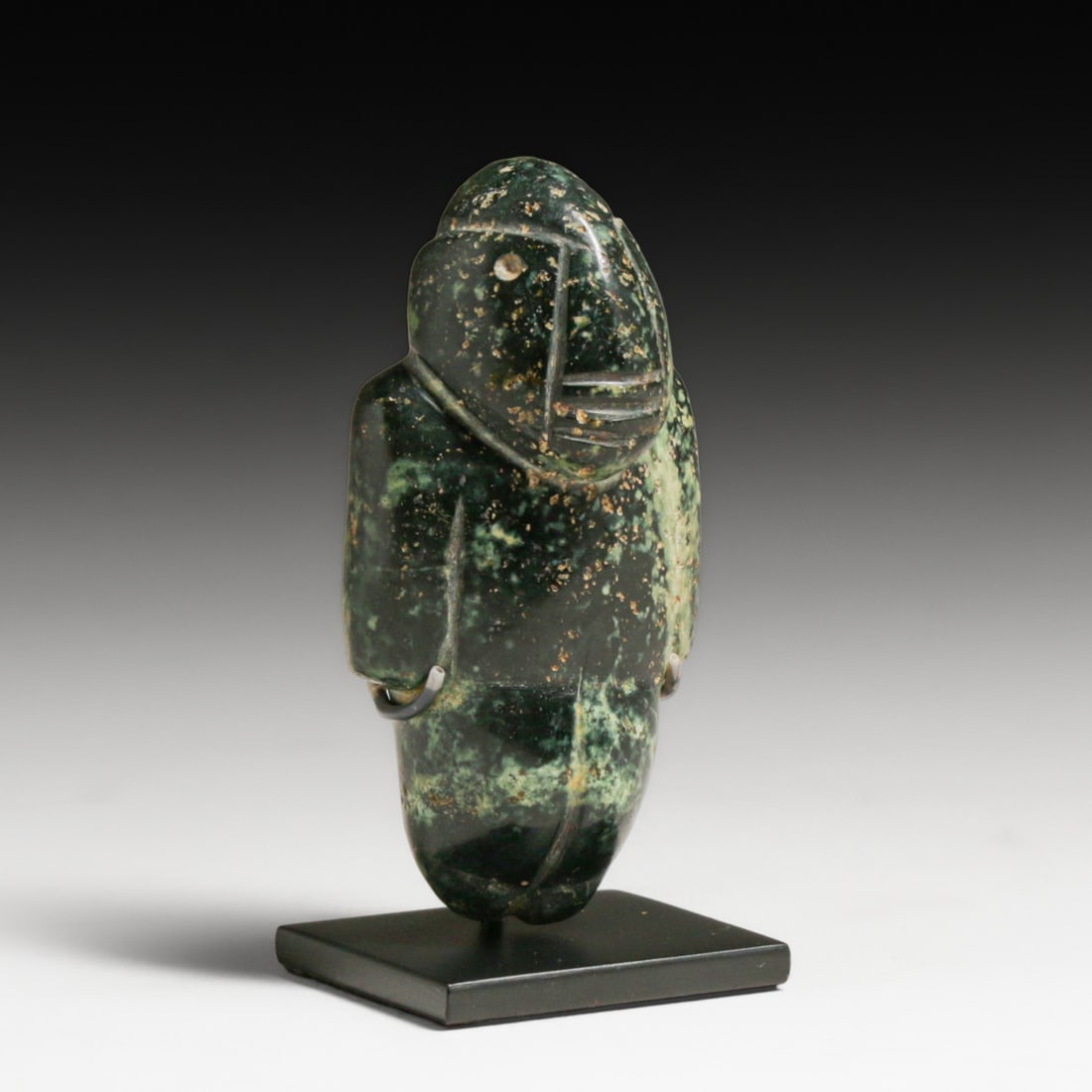 Pre-Columbian Guerrero Mezcala Stone Standing Figure c600-100 BCE: Pre-Columbian Guerrero Mezcala Stone Standing Figure c600-100 BCE. This standing anthropomorphic figure is a quintessential example of the minimalist "lithic" tradition from the Mezcala culture. Carve