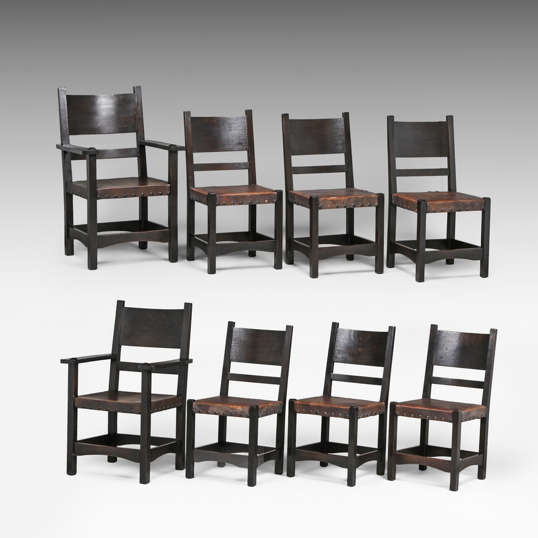Grand Rapids Set of 8 Oak Dining Chairs c1905: Grand Rapids Set of 8 Oak Dining Chairs c1905. Unsigned. Excellent dark original finish. The armchairs have very nice replaced leather seats to match. The 6 side chairs all have there original