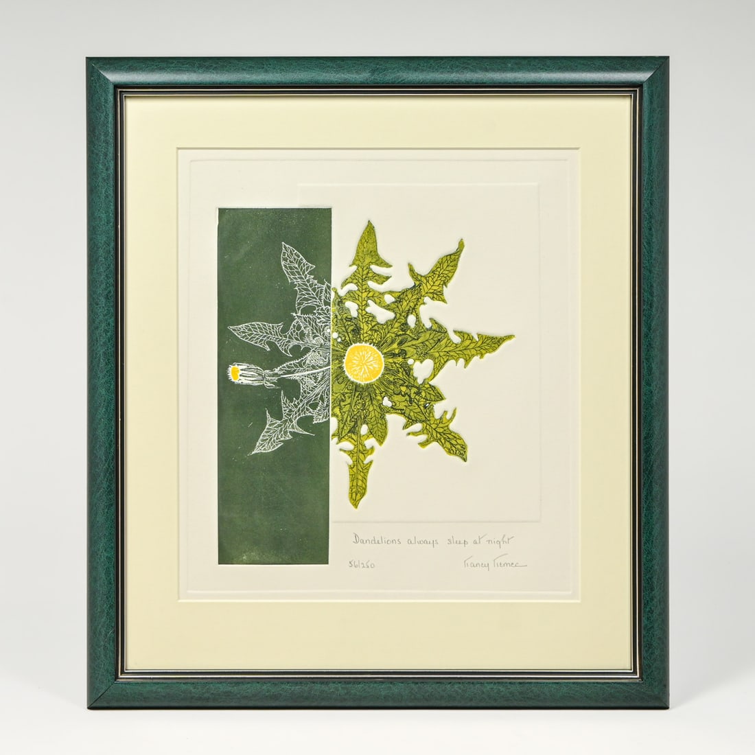 Nancy Nemec (1923–2003) Warner, NH Intaglio Relief Print "Dandelions Always Sleep at Night": Nancy Nemec (1923–2003) Warner, NH Intaglio Relief Print "Dandelions Always Sleep at Night" c1970s/1980s. Signed. Excellent condition. 11.25"h x 10"w. Frame 16.5"h x 14.75"w Nancy Nemec was a
