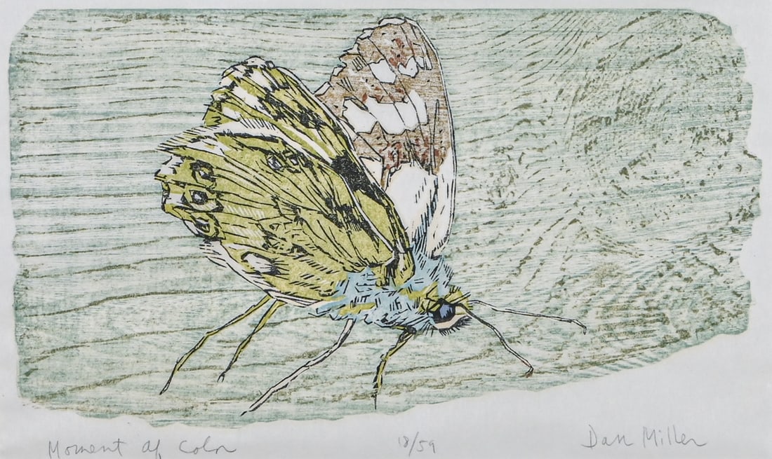 Dan Miller (Born 1928) Color Woodcut "Moment of Color" c1980s/90s: Dan Miller (Born 1928) Color Woodcut "Moment of Color" c1980s/90s. Signed. Unframed. Excellent condition. 7"h x 11.75"w Miller is a celebrated figure in the American printmaking community, having
