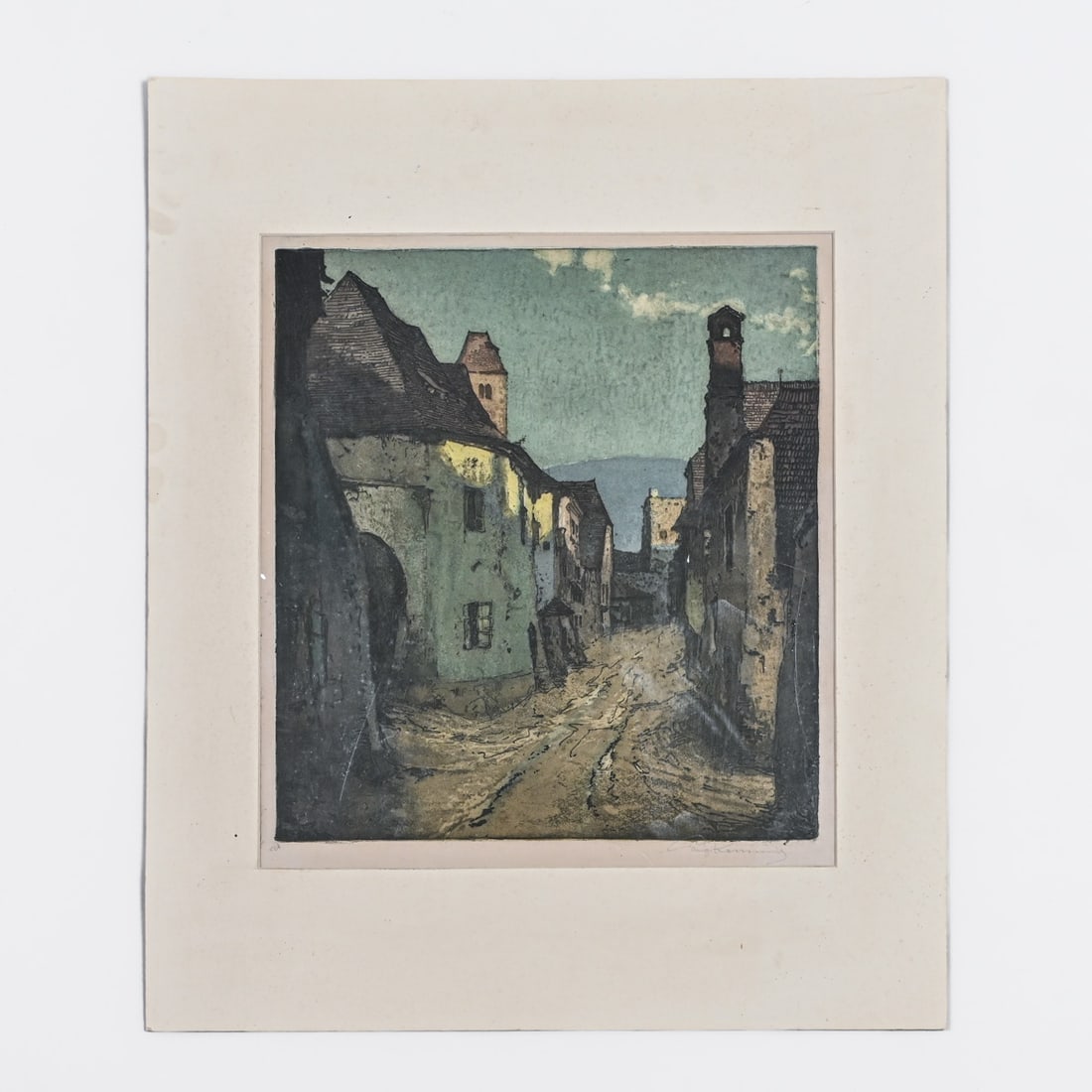 Luigi Kasimir (Austrian 1881–1962) Color Etching Dürnstein, Austria "Street with Church" c1925: Luigi Kasimir (Austrian 1881–1962) Color Etching Dürnstein, Austria "Street with Church" c1925. Signed. Excellent condition. Unframed. Image 14.75"h x 13.5"w Luigi Kasimir was one of the most
