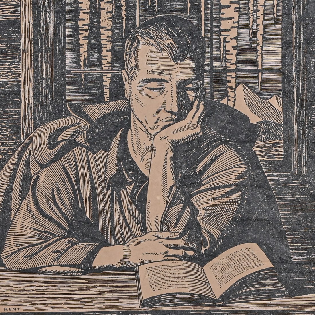 Rockwell Kent (1882-1971) Woodcut Man Reading in a Cabin (The Scholar) c1920: Rockwell Kent (1882-1971) Woodcut Man Reading in a Cabin (The Scholar) c1920. Signed in the plate. Unframed. Image 13.5"h x 11.25"w. The print is in good vintage condition. There is visible
