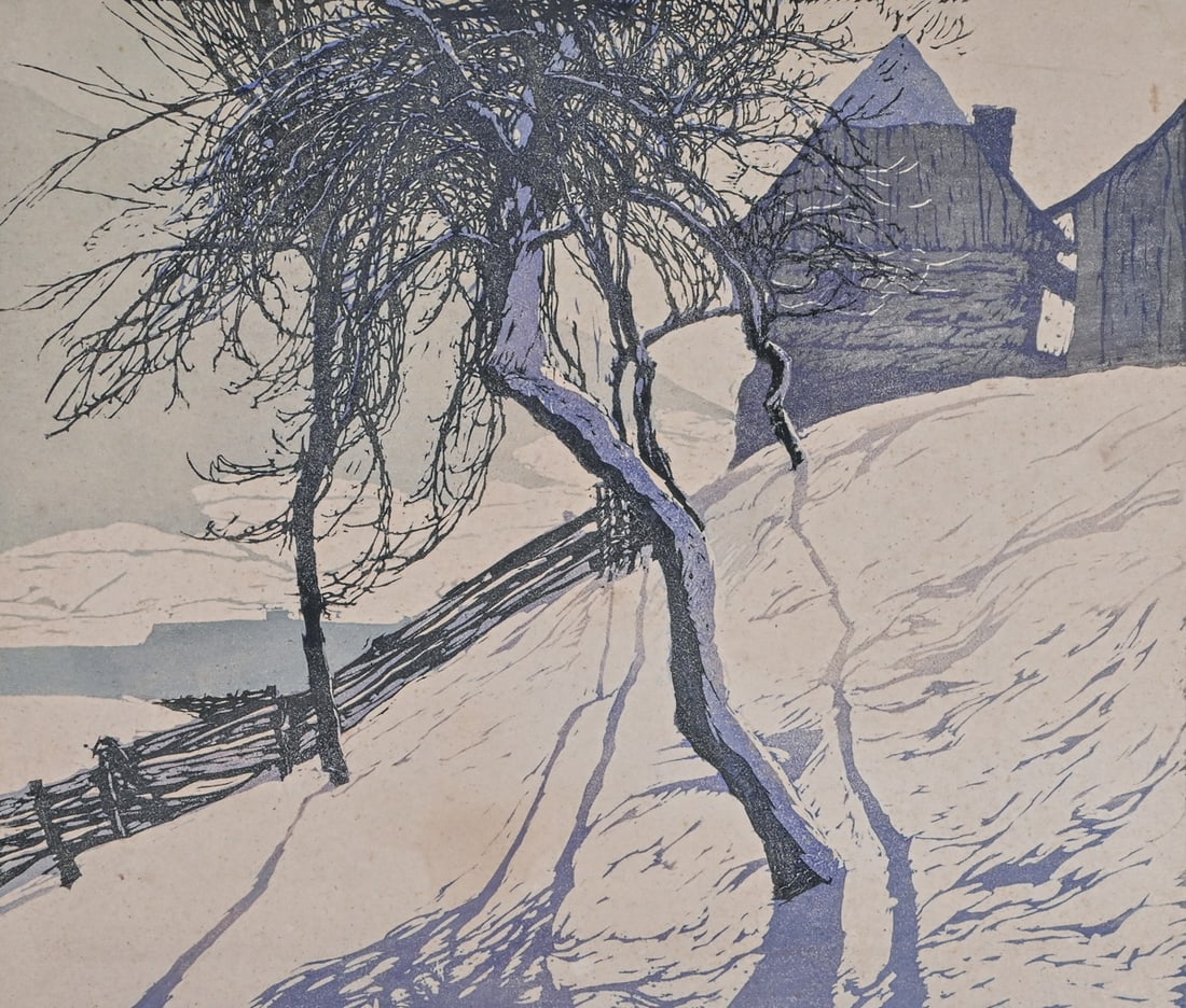 Josef Stoitzner (Austrian, 1884–1951) Color Woodcut "Winter" 1912: Josef Stoitzner (Austrian, 1884–1951) Color Woodcut "Winter" 1912. Signed. Unframed. Image 15.5"h x 18.5"w. An evocative example of early 20th-century Austrian Modernism, this limited-edition color 