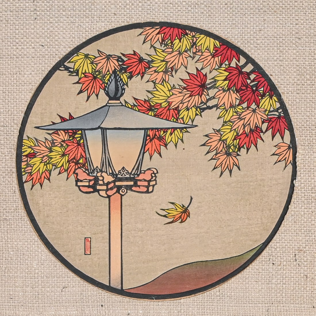 Lilian May Miller (1895-1943) Color Woodcut "Lantern on a Hill, Nikko (Autumn)" c1934: Lilian May Miller (1895-1943) Color Woodcut "Lantern on a Hill, Nikko (Autumn)" c1934. Signed in block. The print is matted on a textured burlap-style fabric or a similarly coarse woven material. Unfr