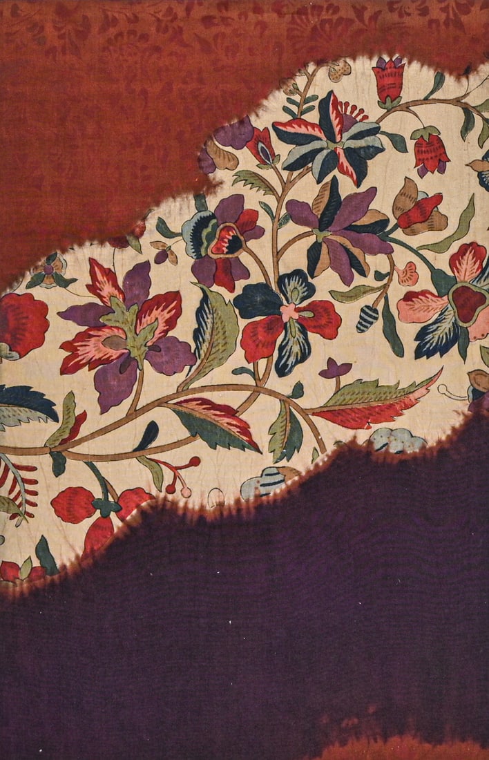 Antique Indian Chintz Fragment c1750–1780: Antique Indian Chintz Fragment c1750–1780. Unframed. 16"h x 13"w. A rare and striking fragment of an 18th-century Indian chintz (Palampore), likely produced on the Coromandel Coast for the European