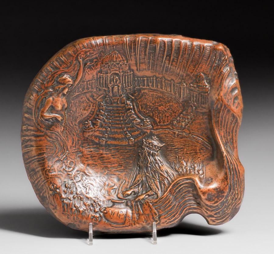 Neptune & Mermaid Hammered Copper Tray 1904: Neptune & Mermaid Hammered Copper Tray 1904. Unsigned. Excellent new patina. 8.25"h x 9.5"w FREE NATIONWIDE SHIPPING Free Nationwide Shipping within the lower 48 states for all purchases at our Two-Da