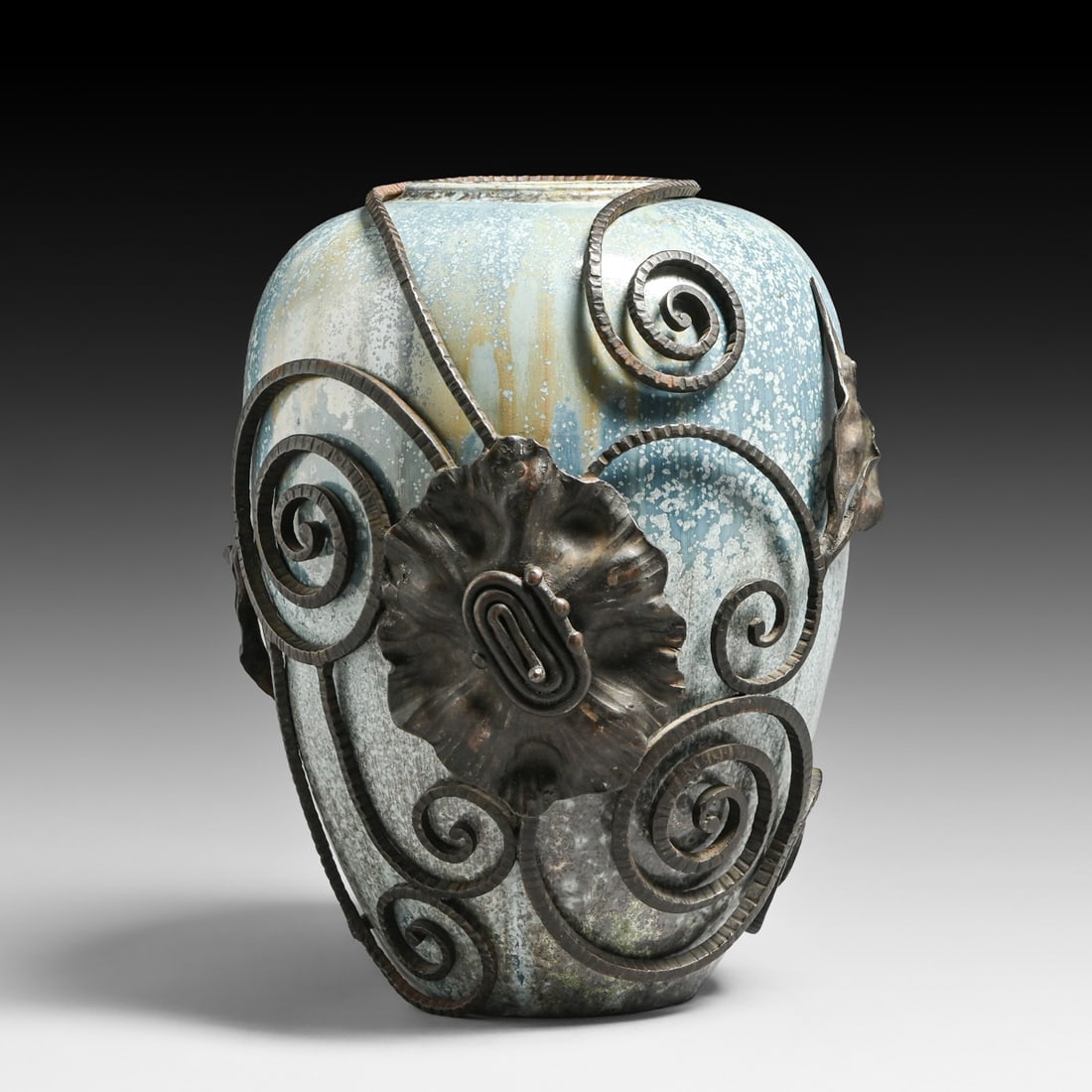 Roger Guerin - Belgium Stoneware & Francois Carion Ironwork Vase c1920s (1 of 5)