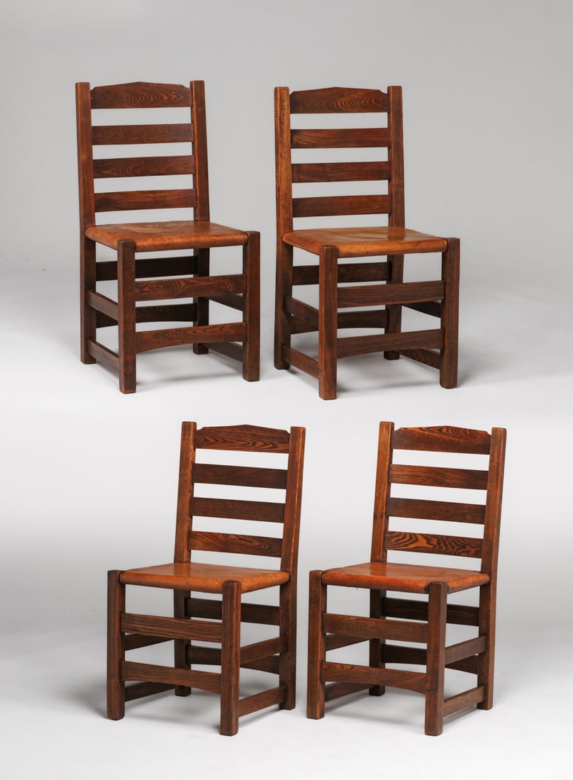 Rare Early Gustav Stickley #2608 Chestnut Dining Chairs c1901: Rare Early Gustav Stickley #2608 Chestnut Dining Chairs c1901. Unsigned (too early to be signed). Excellent original finish. Rock solid sturdy. 30 year old leather seats that have aged perfectly to lo