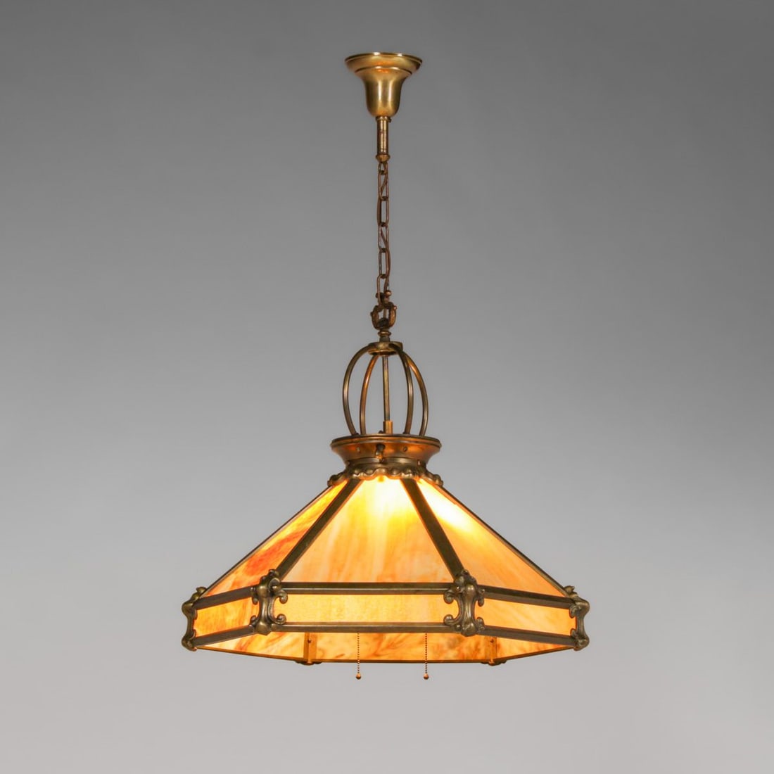 Arts & Crafts Period Brass & Slag Glass Chandeliere c1905: Arts & Crafts Period Brass & Slag Glass Chandeliere c1905. Unsigned. Excellent original patina. Original slag glass in perfect condition. 37"h overall x 27"d. Ceiling cap 5"d FREE NATIONWIDE SHIPPING
