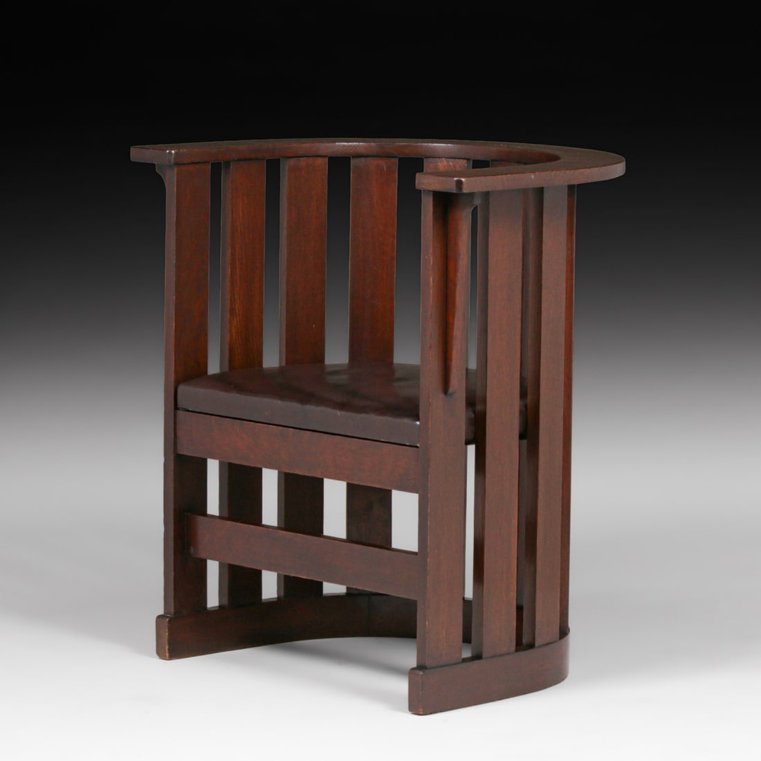 Plail Brothers Slatted Prairie School Barrel Armchair c1905: Plail Brothers Slatted Prairie School Barrel Armchair c1905. One of the nicest examples of Plail Chairs we have seen in years. Very sturdy and comfortable. Unsigned. Color added to excellent original