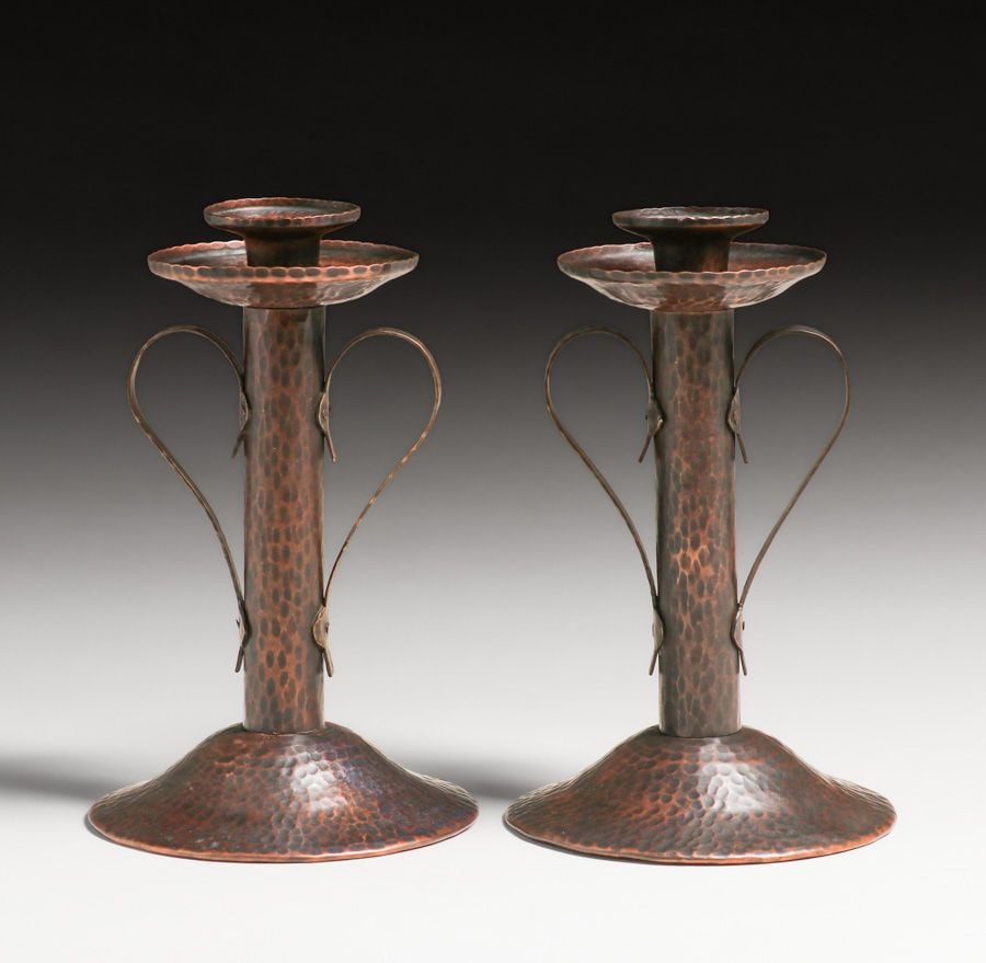 Benedict Studios Pair Hammered Copper Two-Handled Candlesticks c1910 - 2
