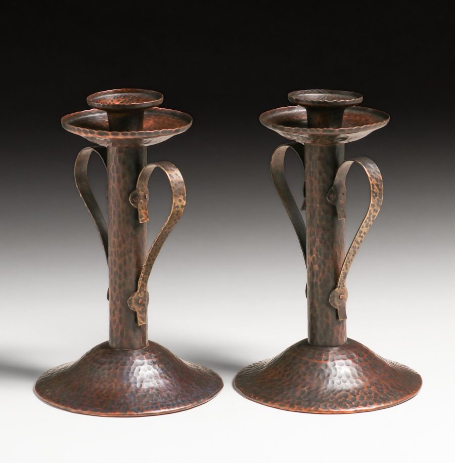 Benedict Studios Pair Hammered Copper Two-Handled Candlesticks c1910 - 3
