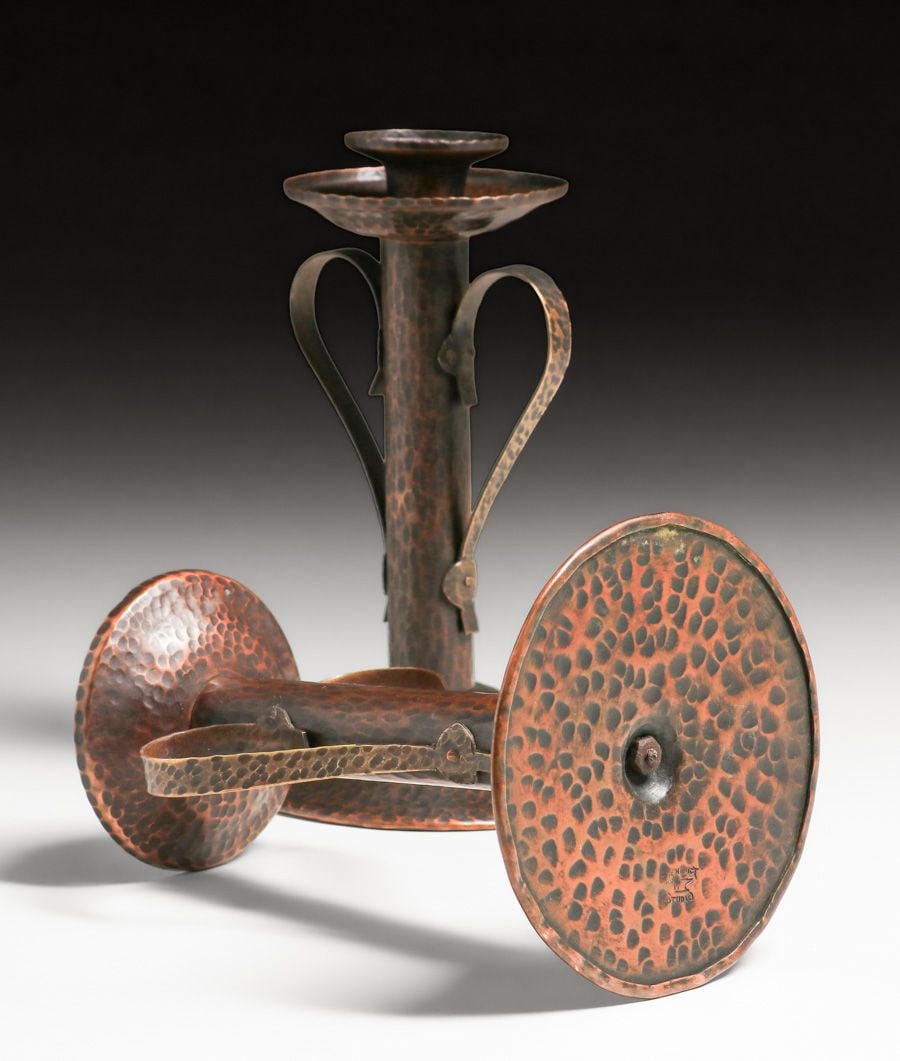 Benedict Studios Pair Hammered Copper Two-Handled Candlesticks c1910 - 4