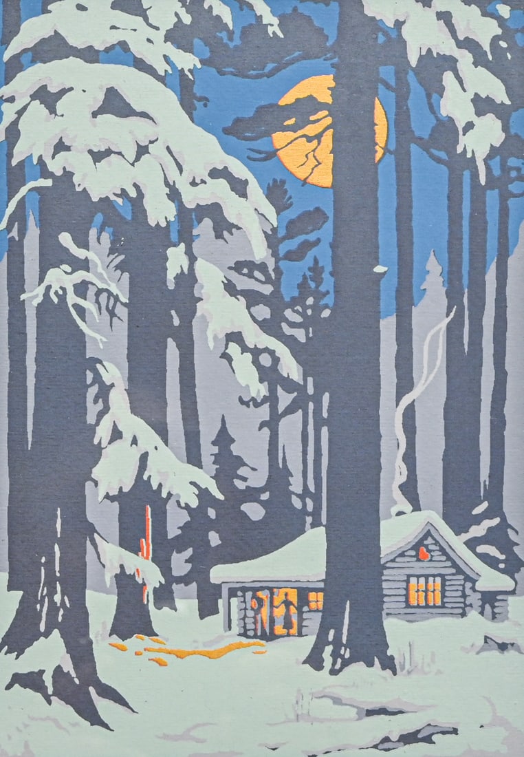 Isabel Crawford (1886-1974) Serigraph: Winter Cabin with Moonrise c1920s: Isabel Crawford (1886-1974) Serigraph: Winter Cabin with Moonrise c1920s. Signed. Some light rubs to frame. Serigraph in excellent condition. 9.5"h x 6.5"w. Frame 12.5"h x 9.5"w FREE NATIONWIDE