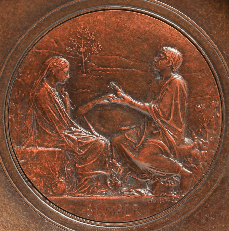 Oscar Roty (French 1846-1911) Marriage Proposal Bronze "Semper" c1900s: Oscar Roty (French 1846-1911) Marriage Proposal Bronze "Semper" c1900s. Signed. Excellent new patina. 9.25"d x 3.25"h FREE NATIONWIDE SHIPPINGFree Nationwide Shipping within the lower 48 states for