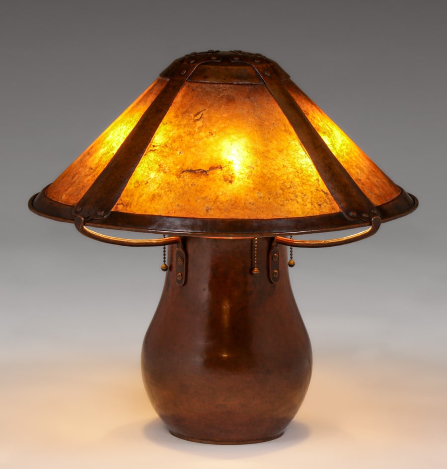 Early Dirk van Erp Hammered Copper & Mica Lamp c1908-1909: Early Dirk van Erp Hammered Copper & Mica Lamp c1908-1909. This lamp pre-dates the partnership with D'Arcy Gaw which began in September of 1909. Similar lamp pictured in the Dirk van Erp Book page