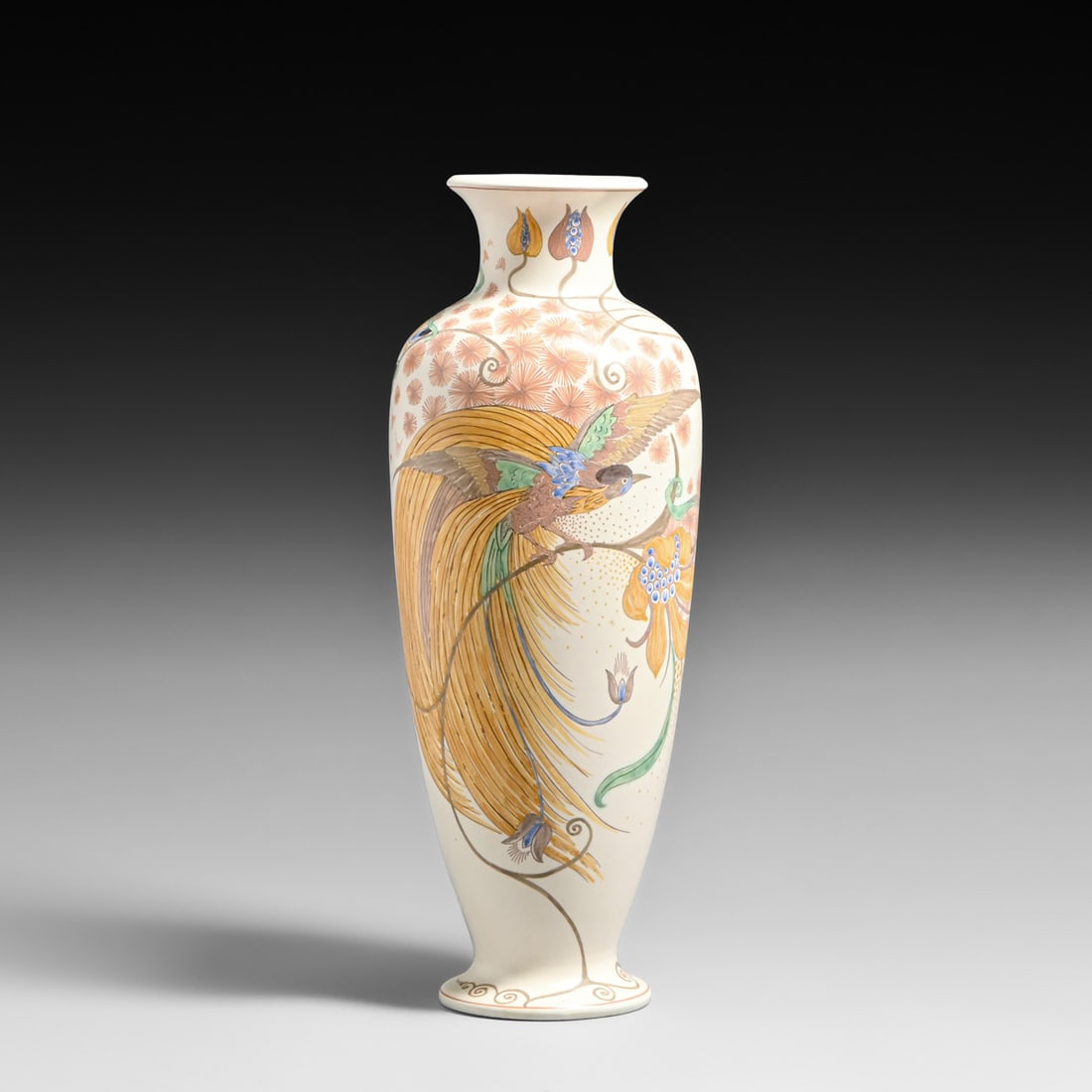 Large Gouda Bird-of-Paradise Vase c1910s: Large Gouda Bird-of-Paradise Vase c1910s. Signed. Perfect condition. 17.5"h x 7.5"d FREE NATIONWIDE SHIPPINGFree Nationwide Shipping within the lower 48 states for all purchases at our Two-Day